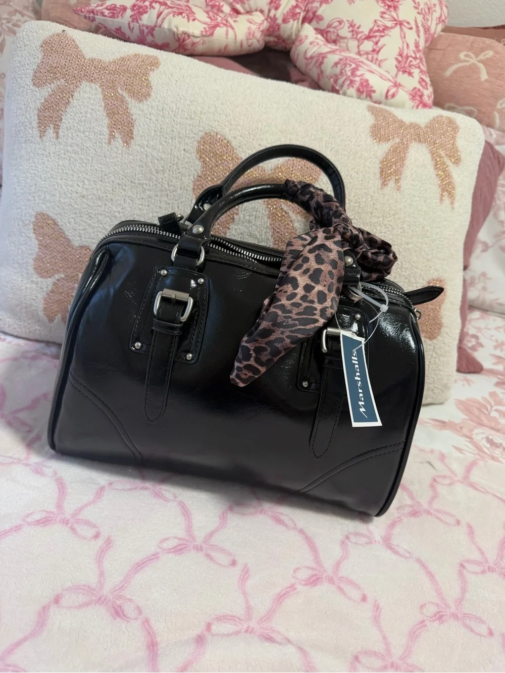 Steve Madden Black Patent Leather Satchel with Leopard Scarf